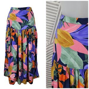 Abel Tropical Floral Skirt size Small Elastic Waist Bright Ruffle Flare Long